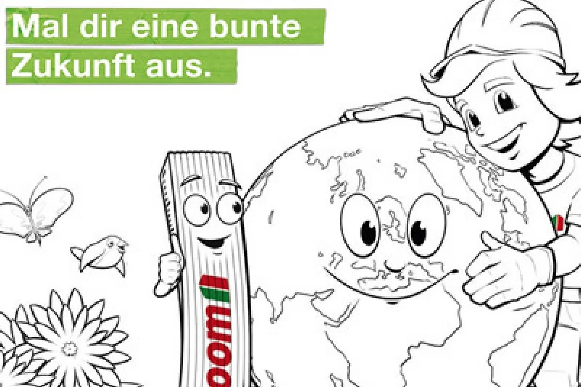 Tom und Zolli Malvorlage "Mal dir eine bunte Zukunft aus": Person und Zollstock umarmt lächelnde Weltkugel