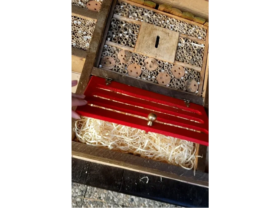 Insektenhotel mit geöffneter Klappe