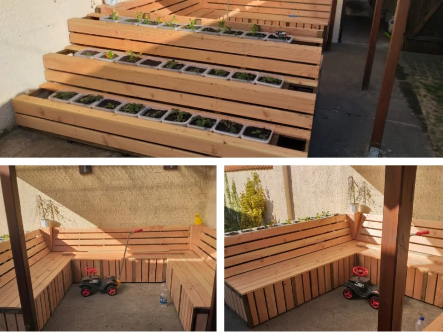 Holzpodest mit integrierten Blumenkästen