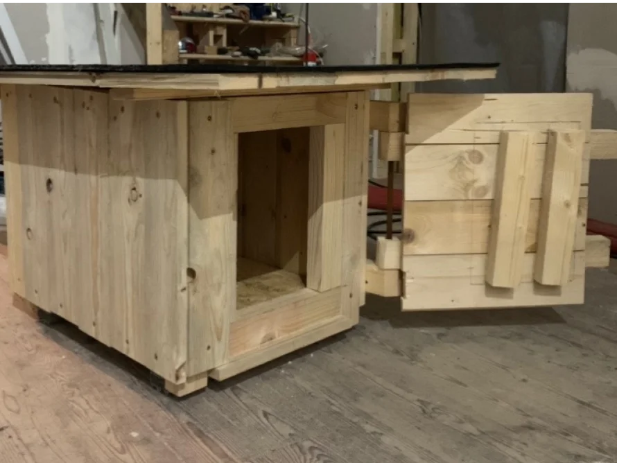 Unfertiges Gartenhaus aus hellem Holz mit offener Tür