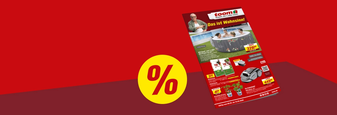 Werbebanner von toom mit einem Prospekt und einem großen Prozentzeichen.