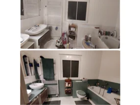 Vorher-Nachher-Bild einer Badezimmerrenovierung