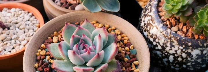 Verschiedene Sukkulenten in Töpfen