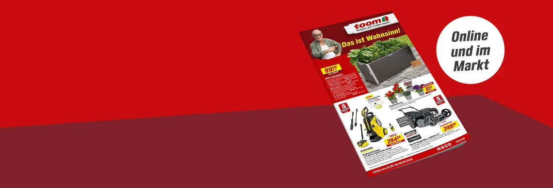 Online und im Markt. Ein Baumarkt-Prospekt mit Gartengeräten und Pflanzen auf rotem Hintergrund.