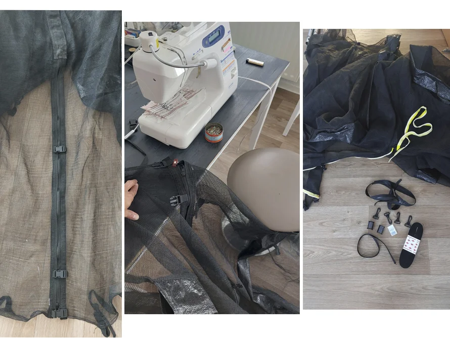 Drei Fotos zeigen die einzelnen Schritte beim Nähen eines Moskitonetzes mit einer Nähmaschine.