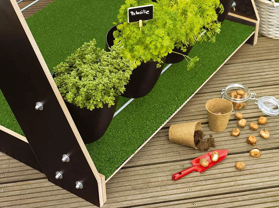 Drei Kräutertöpfe auf einem schwarzen Holzregal