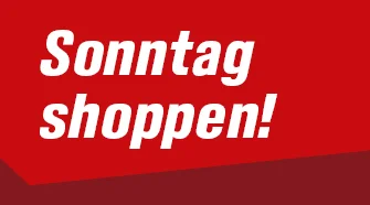 Weißer Schriftzug 'Sonntag shoppen!' auf rotem Hintergrund.