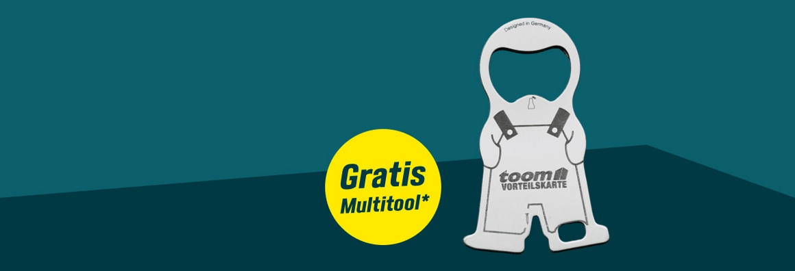 Ein gratis Multitool in Form einer Figur mit Latzhose und Flaschenöffner.