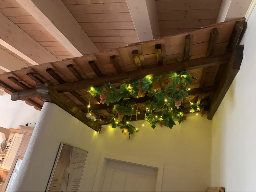 Holzbalkendecke mit Weinreben und Lichterkette