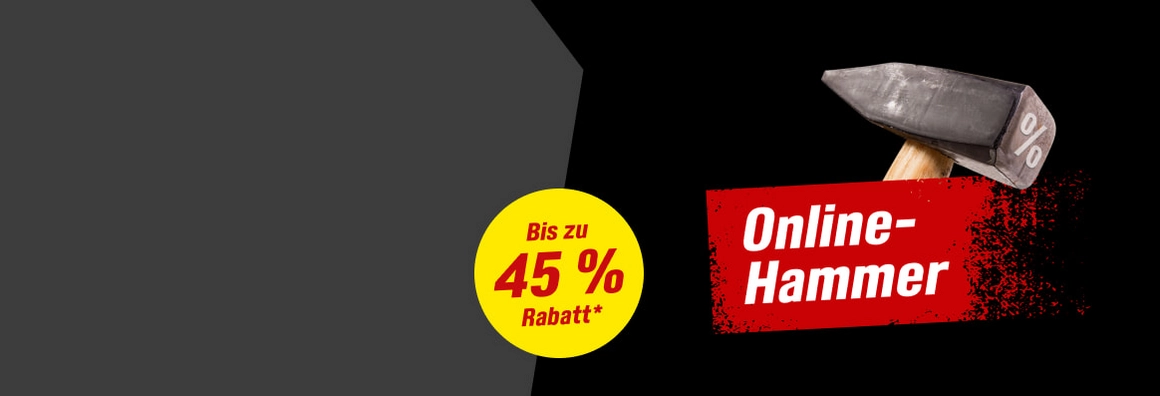 Ein Hammer, daneben der Schriftzug 'Online-Hammer' und ein gelber Kreis mit 'Bis zu 45% Rabatt'.