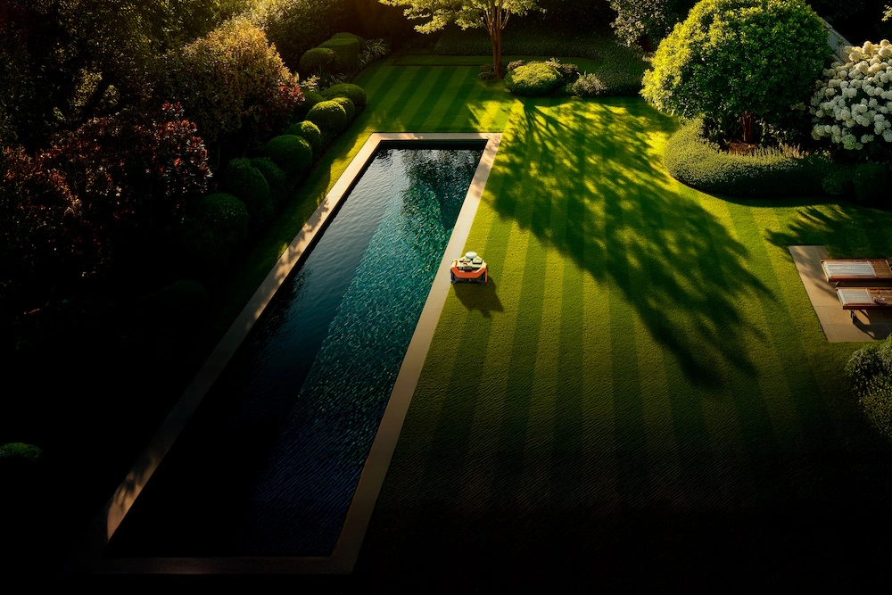 Ein Mähroboter auf einem gestreiften Rasen neben einem Pool.