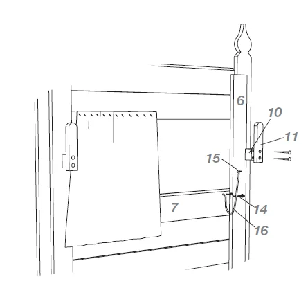 Technische Zeichnung der Montage eines Riegels an einem Holzrahmen eines Kasperletheaters.