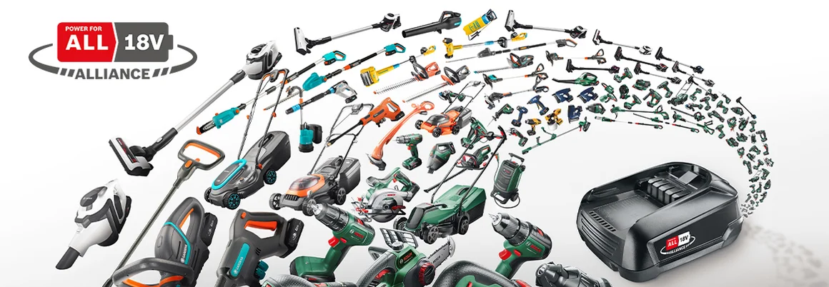 Viele verschiedene Akku- und Gartengeräte