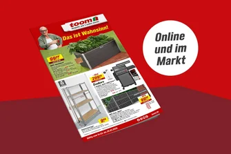 Prospekt eines Baumarkts mit verschiedenen Angeboten auf rotem Hintergrund.