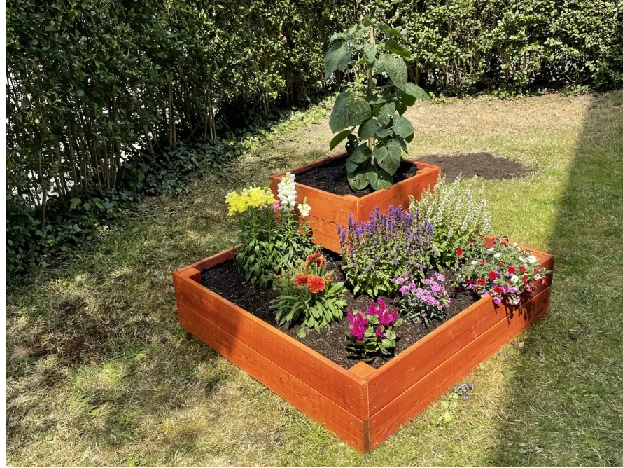 Holzbeet mit bunten Blumen