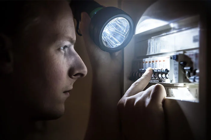 Person leuchtet mit Taschenlampe auf Sicherungskasten