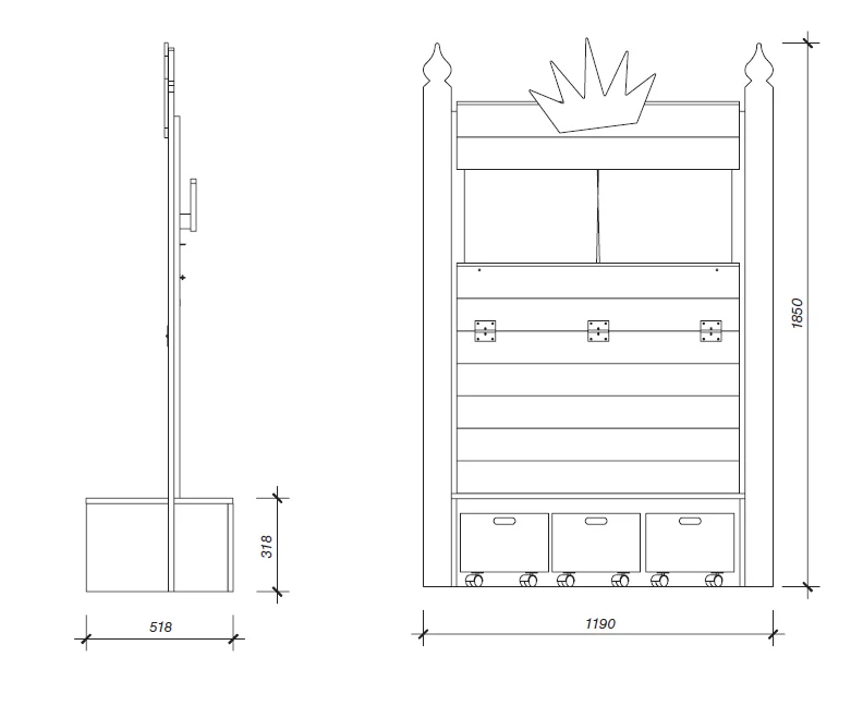 Technische Zeichnung eines Kasperletheaters in der Vorder- und Seitenansicht mit Maßen.