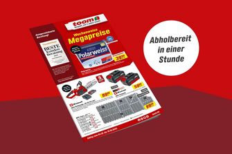 Wochenprospekt eines Baumarkts mit Angeboten für Werkzeug und Farbe auf rotem Hintergrund.