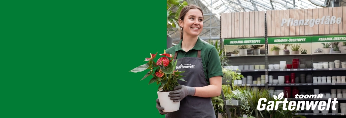 Eine Person in einem Gartencenter hält eine Topfpflanze mit roten Blüten.