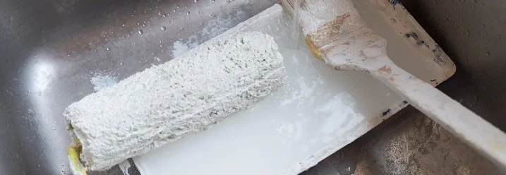 Farbroller und Pinsel werden im Waschbecken gereinigt