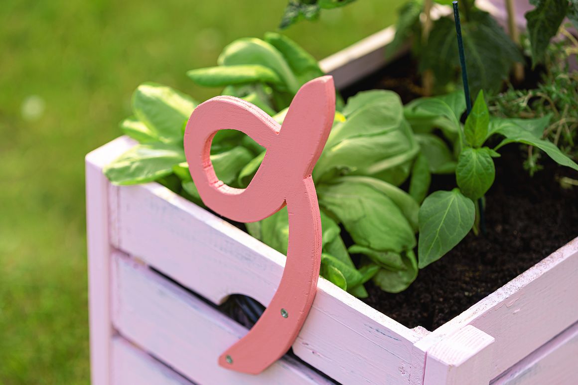 Ein rosa bemalter Blumenkasten ist mit einem Kringelschwanz verziert.