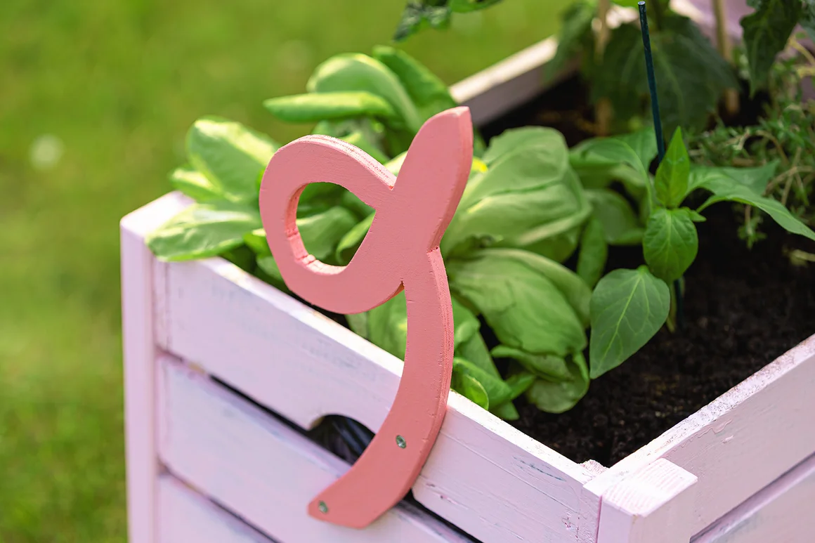 Ein rosa bemalter Blumenkasten ist mit einem Kringelschwanz verziert.