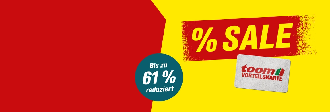 Werbebanner für einen Sale mit bis zu 61% Rabatt und einer Vorteilskarte.