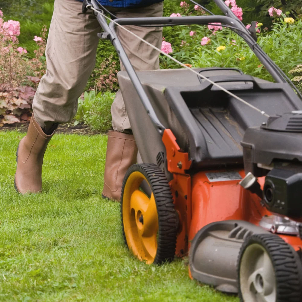 Person mäht Rasen mit Rasenmäher