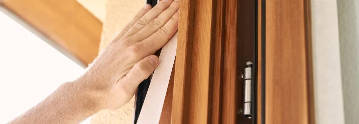 Person klebt Fensterrahmen ab