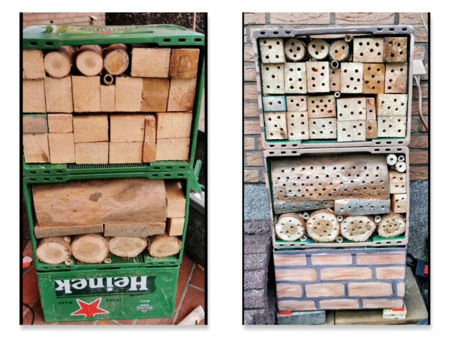 Ein selbstgebautes Insektenhotel aus einer Getränkekiste.