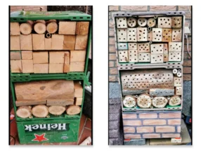 Ein selbstgebautes Insektenhotel aus einer Getränkekiste.