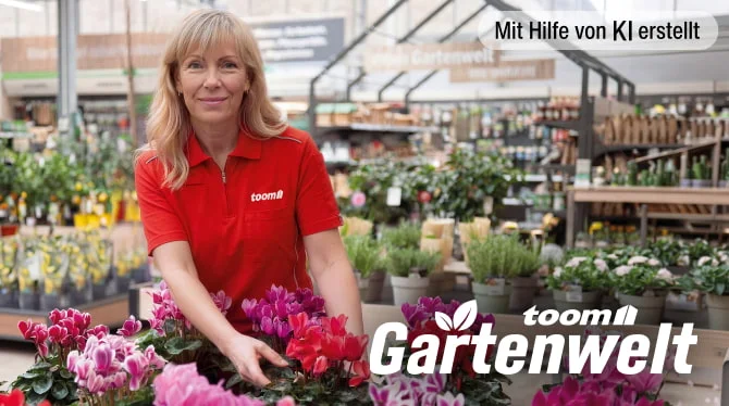 Eine Person im roten Shirt pflegt pinke Blumen in einem Gartencenter.