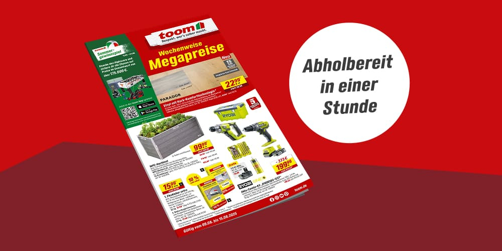 Werbebanner eines Baumarktes mit dem aktuellen Prospekt und dem Hinweis zur Abholung.