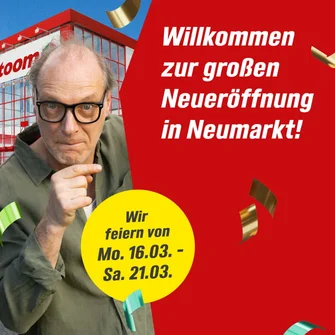 Werbebild für eine Neueröffnung mit einer Person, die auf den Betrachter zeigt.