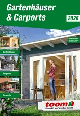 Titelbild des Katalogs für Gartenhäuser und Carports mit einer Person vor einem Holzhaus.