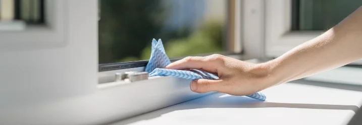 Hand reinigt Fensterrahmen mit Tuch