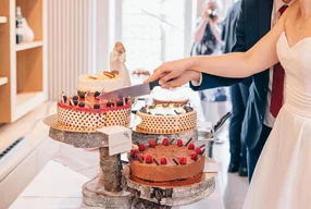 Ein Brautpaar schneidet mit einem Messer eine Hochzeitstorte an.