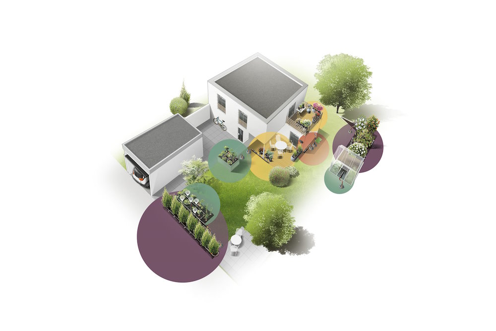 Haus mit Garten und hervorgehobenen Gestaltungsbereichen.