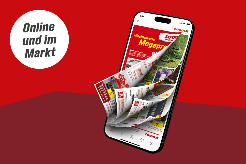 Ein Smartphone mit einem Blätterkatalog und dem Hinweis Online und im Markt
