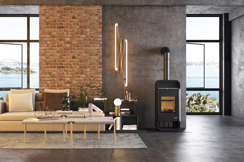 Ein Wohnzimmer mit Backsteinwänden und einem ACCENTE Kaminofen