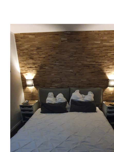 Ein Bett mit Holzvertäfelung an der Wand