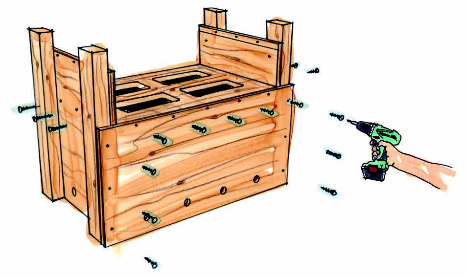 Person verschraubt Holzkiste mit Akkuschrauber