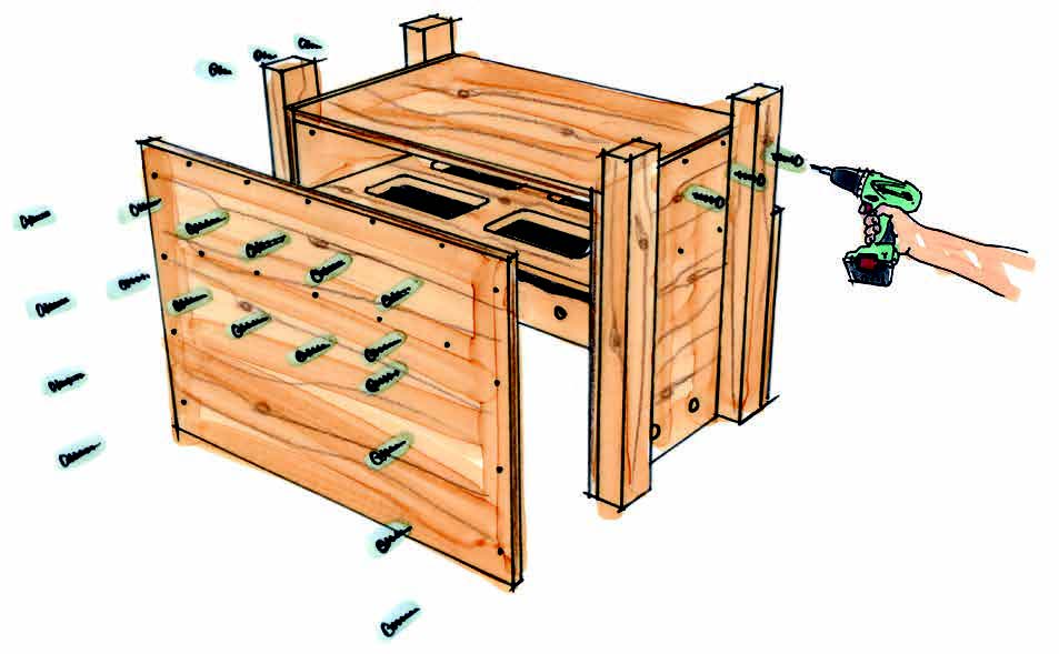 Person baut Komposter aus Holz zusammen. 