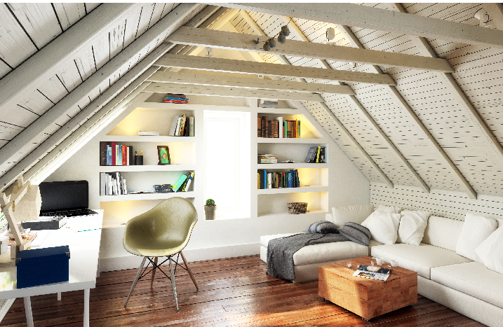 Modernes Arbeits- und Wohnzimmer im Dachboden.
