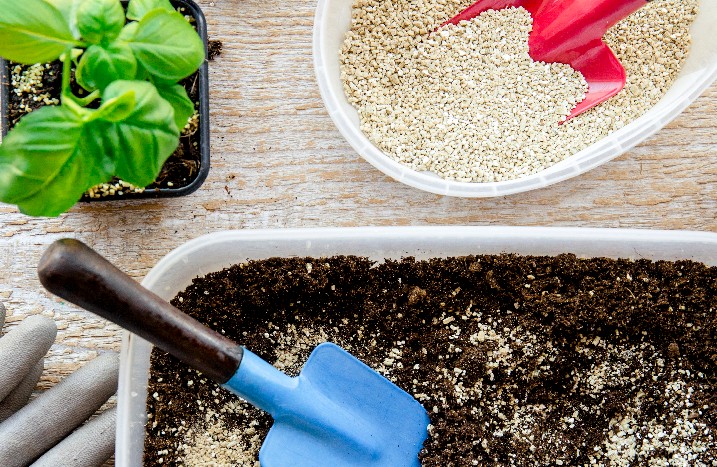 Granulat wird aus Behälter in Blumentopf verteilt.