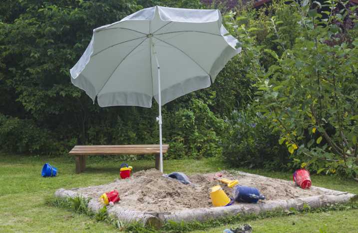 Sandkasten Sonnenschirm im Garten