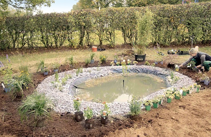 Mit einer Teichfolie selbst angelegter Gartenteich.