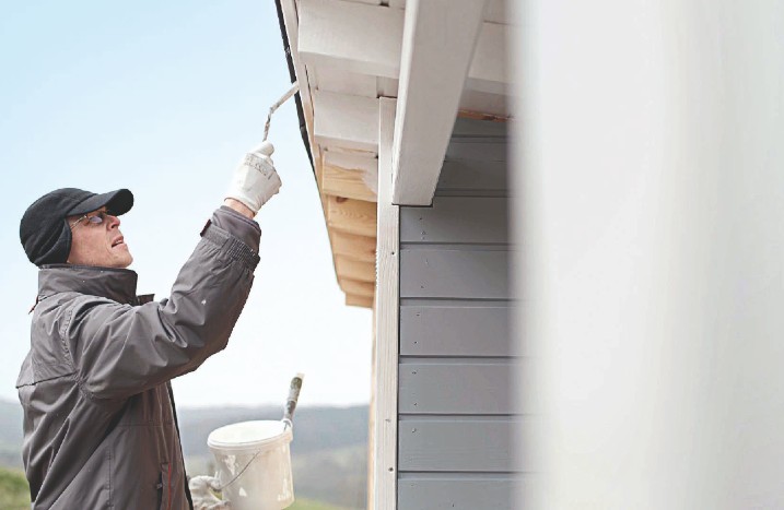 Ein Mann lackiert das Dach eines Gartenhauses neu.
