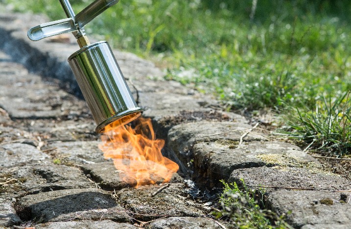 Ein Unkrautbrenner im Einsatz auf einem gepflasterten Weg.