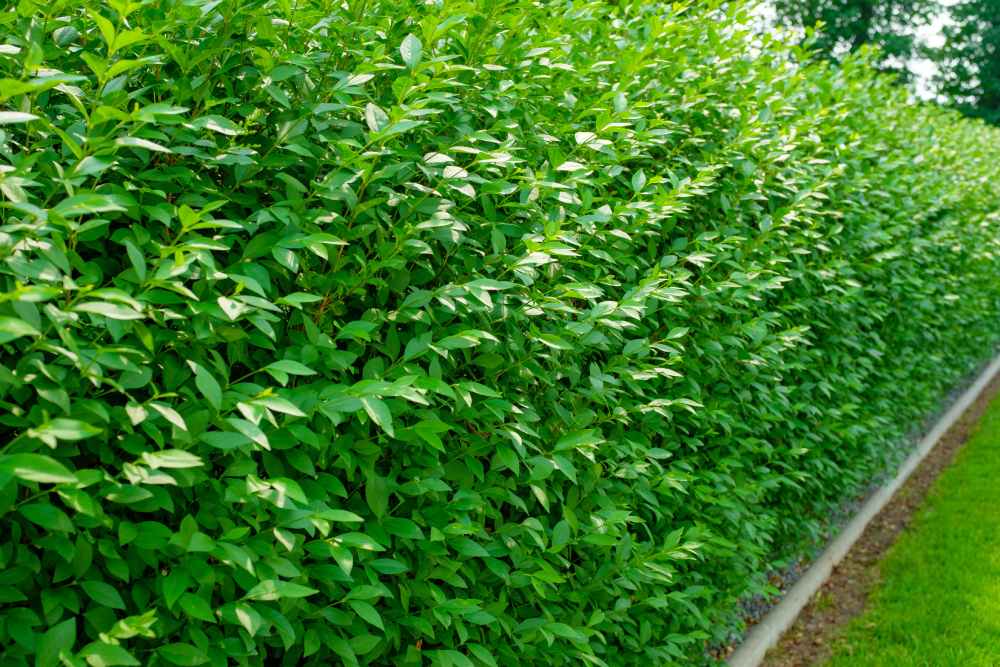 Eine lange, dicht bewachsene grüne Hecke.
